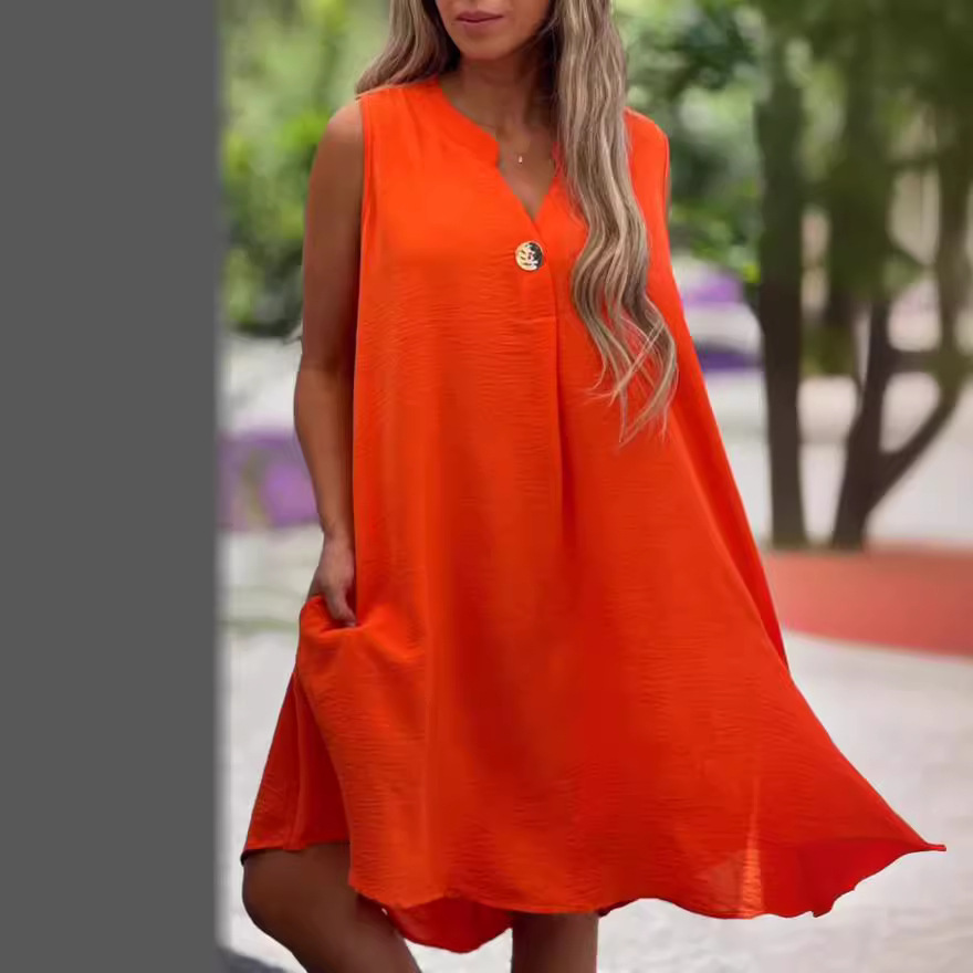 Sleeveless V-neck buttoned casual dress