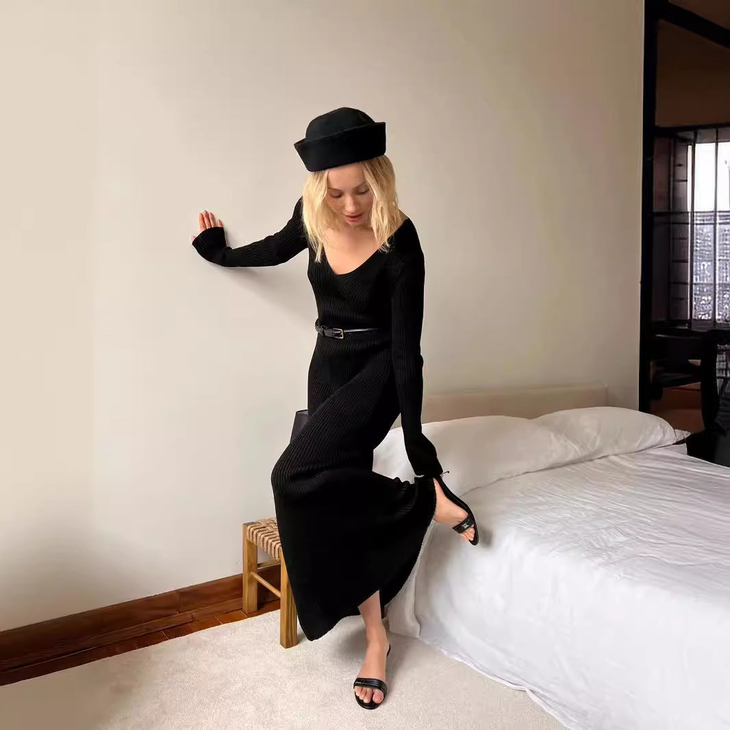 Thickened V-Neck Long-Sleeved Dress