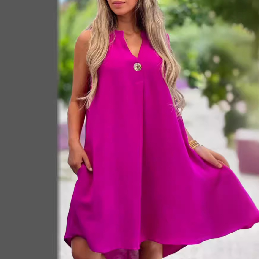 Sleeveless V-neck buttoned casual dress