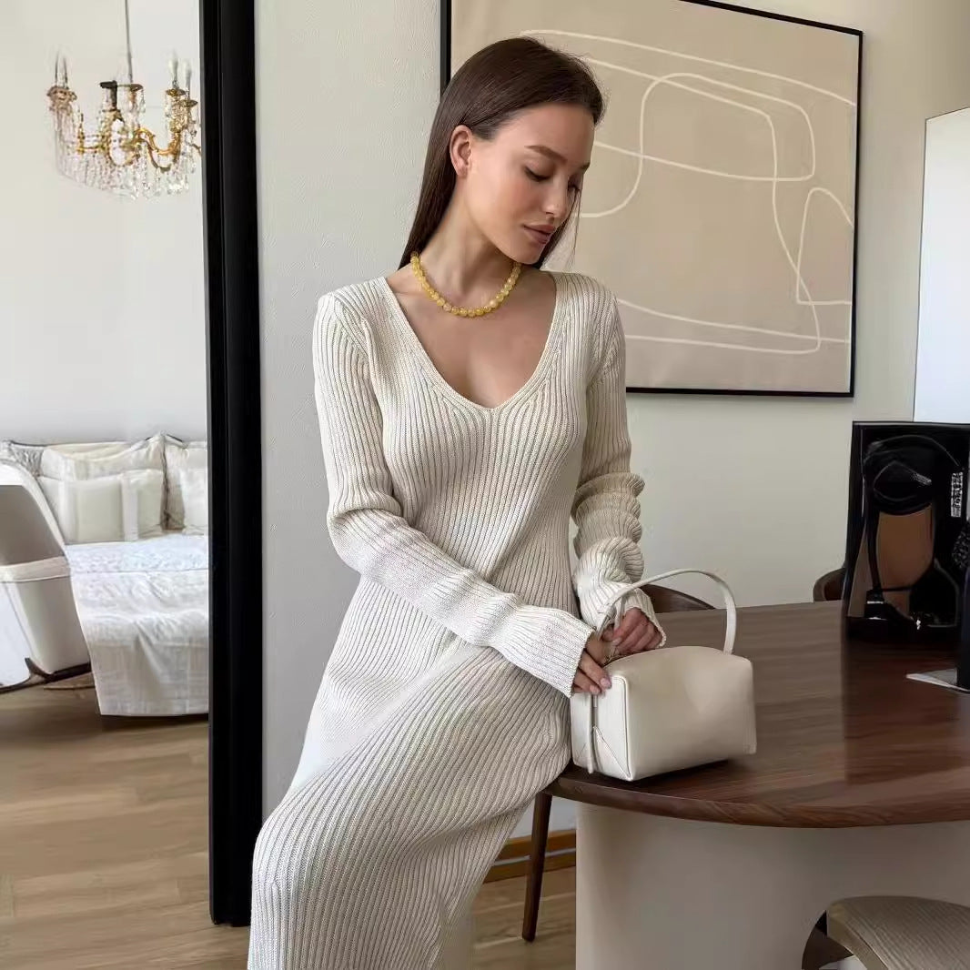 Thickened V-Neck Long-Sleeved Dress