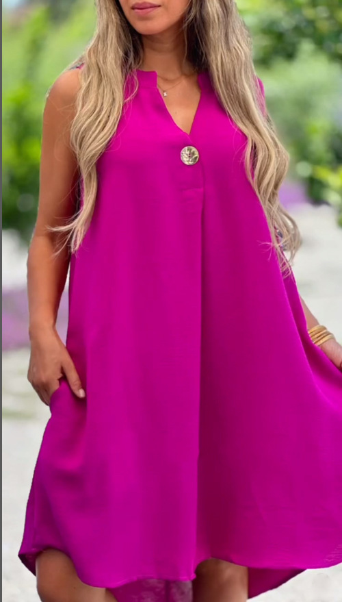 Sleeveless V-neck buttoned casual dress