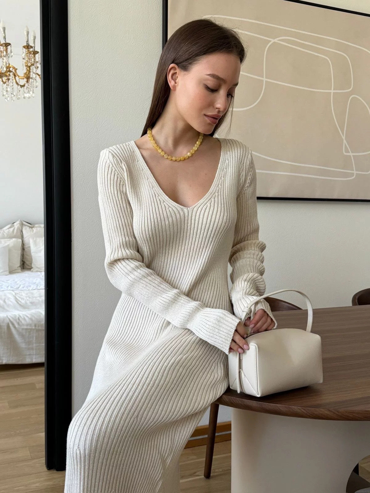 Thickened V-Neck Long-Sleeved Dress