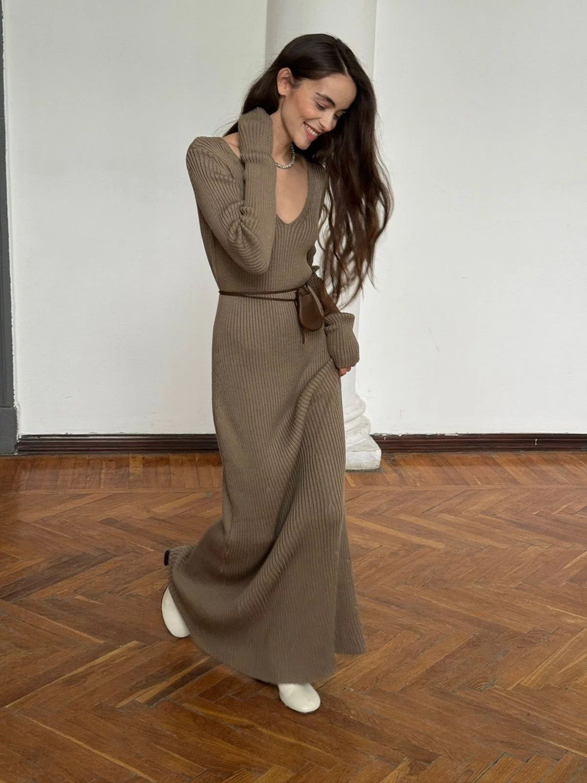 Thickened V-Neck Long-Sleeved Dress