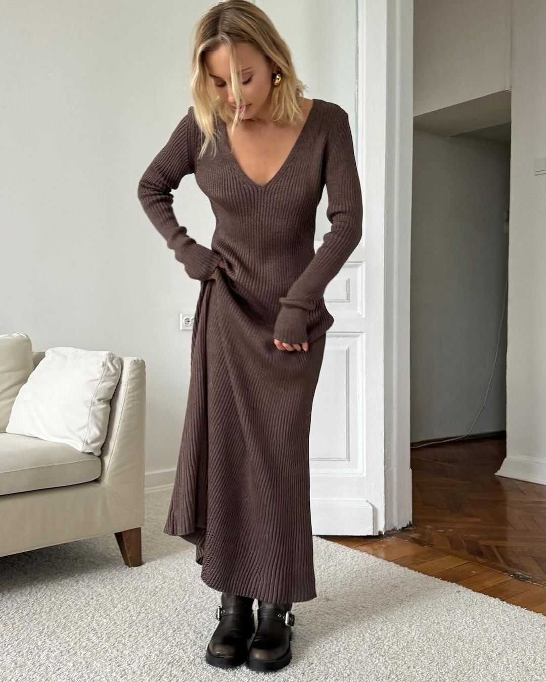 Thickened V-Neck Long-Sleeved Dress