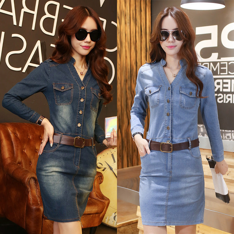 Female V-Neck Slim Denim Dress With Buttocks