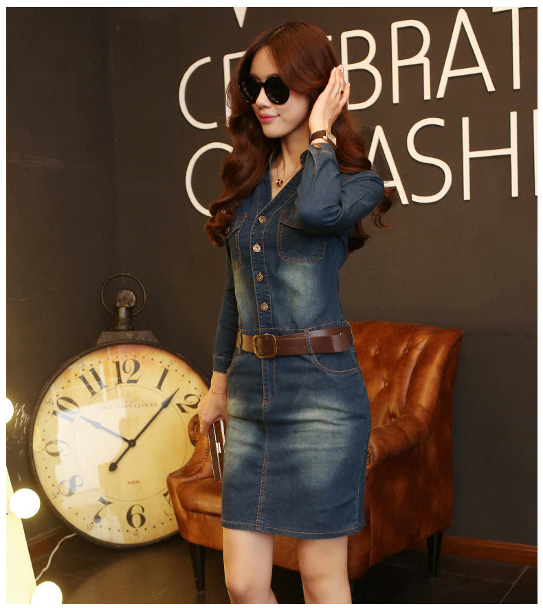 Female V-Neck Slim Denim Dress With Buttocks
