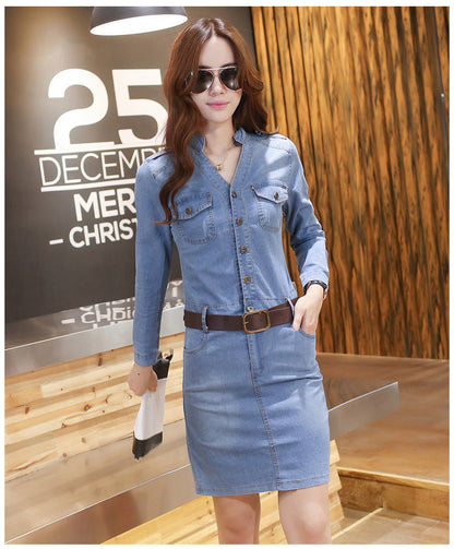 Female V-Neck Slim Denim Dress With Buttocks