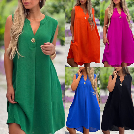Sleeveless V-neck buttoned casual dress