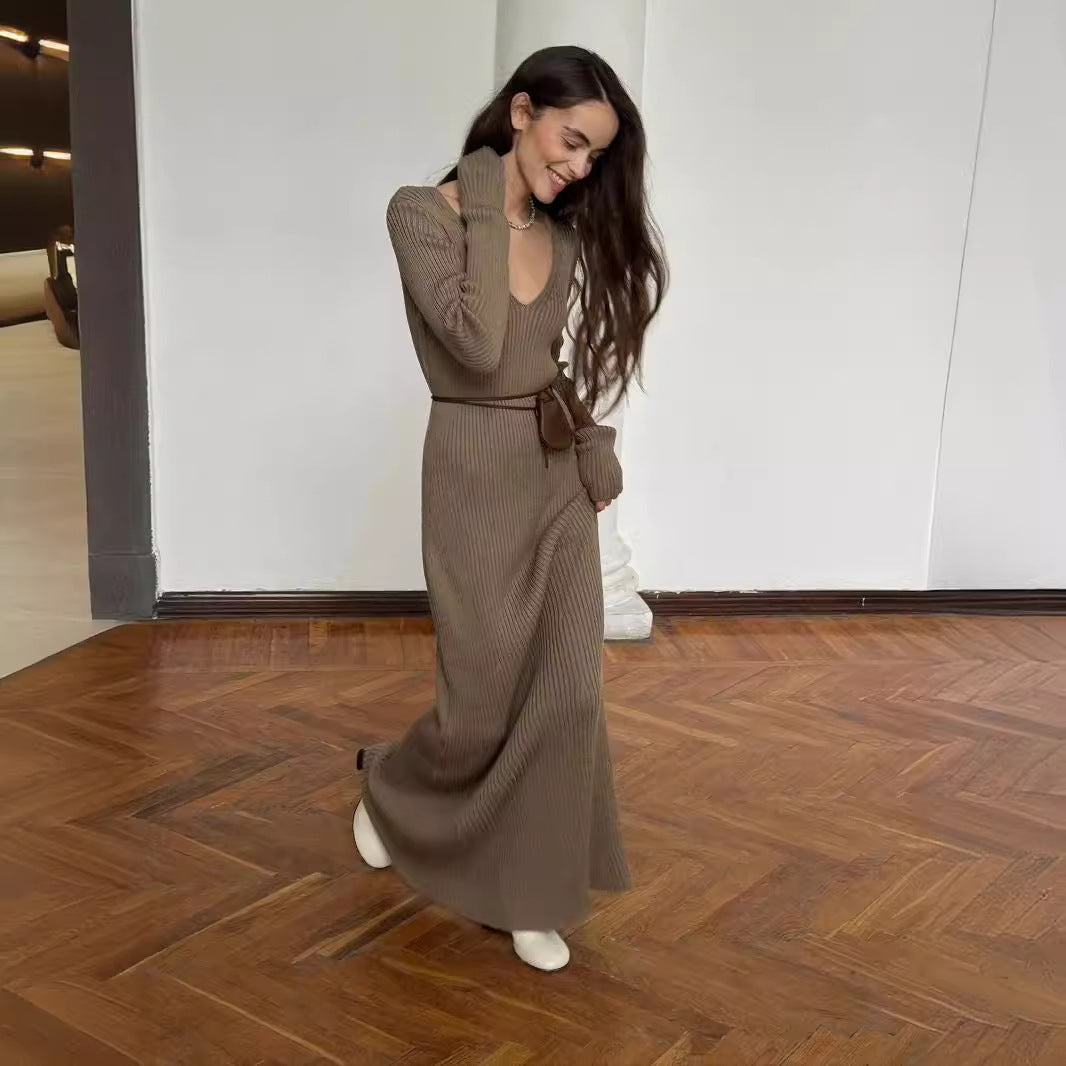 Thickened V-Neck Long-Sleeved Dress