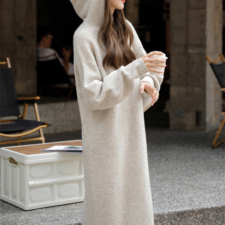 Plush Hooded Mid-Length Dress Women