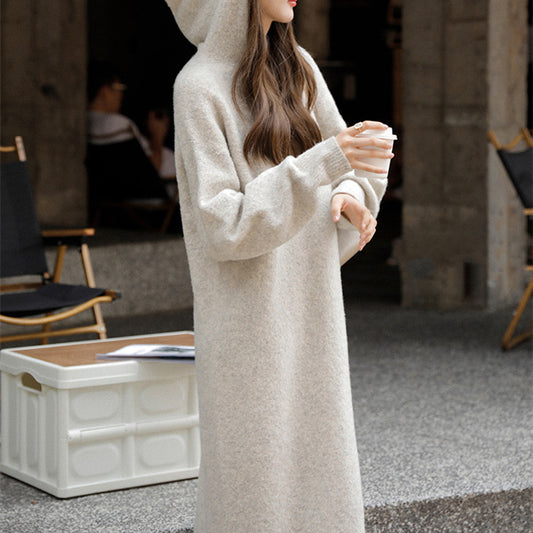 Plush Hooded Mid-Length Dress Women