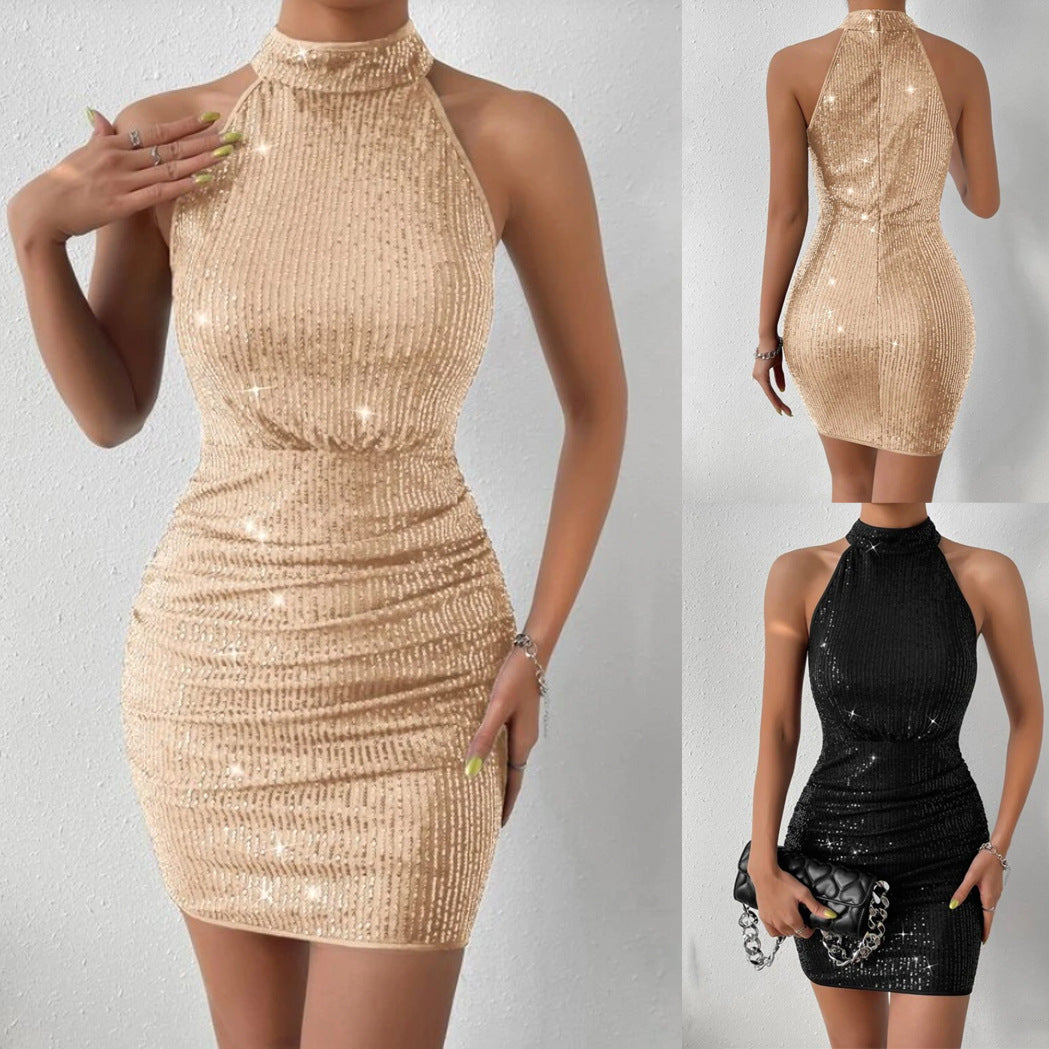 Halter Sequin Pleated Tight Dress