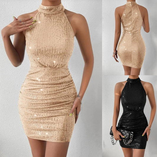 Halter Sequin Pleated Tight Dress