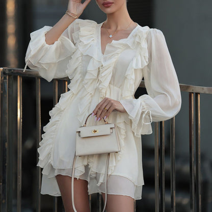 V-Neck Ruffled Tied A-Line Dress