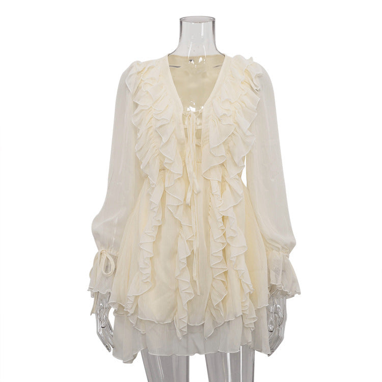 V-Neck Ruffled Tied A-Line Dress
