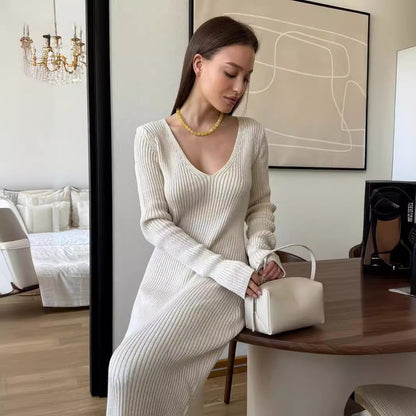 Thickened V-Neck Long-Sleeved Dress