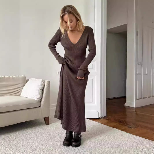 Thickened V-Neck Long-Sleeved Dress