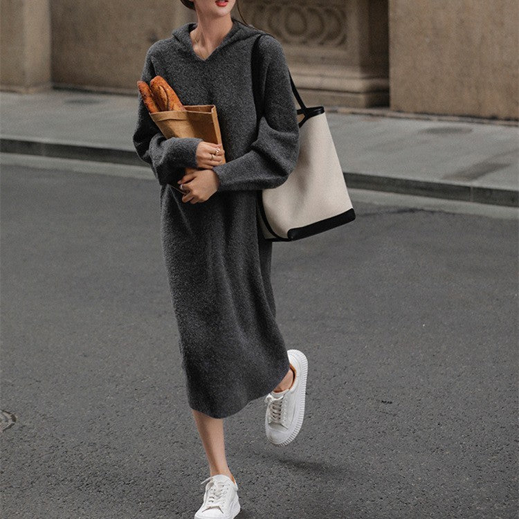 Plush Hooded Mid-Length Dress Women