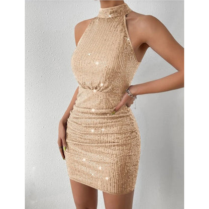 Halter Sequin Pleated Tight Dress