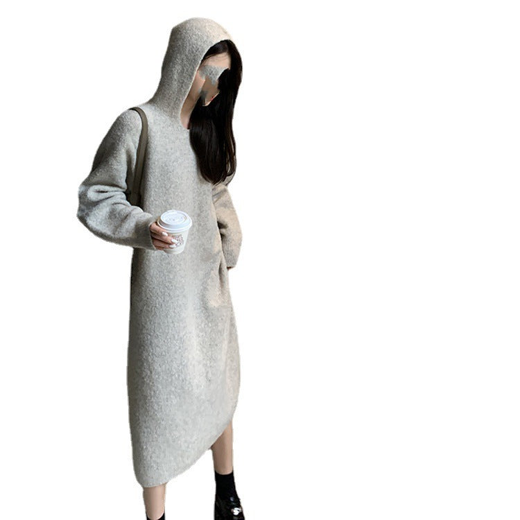 Plush Hooded Mid-Length Dress Women