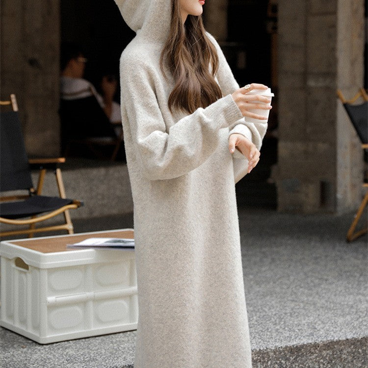 Plush Hooded Mid-Length Dress Women