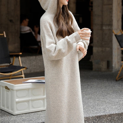 Plush Hooded Mid-Length Dress Women